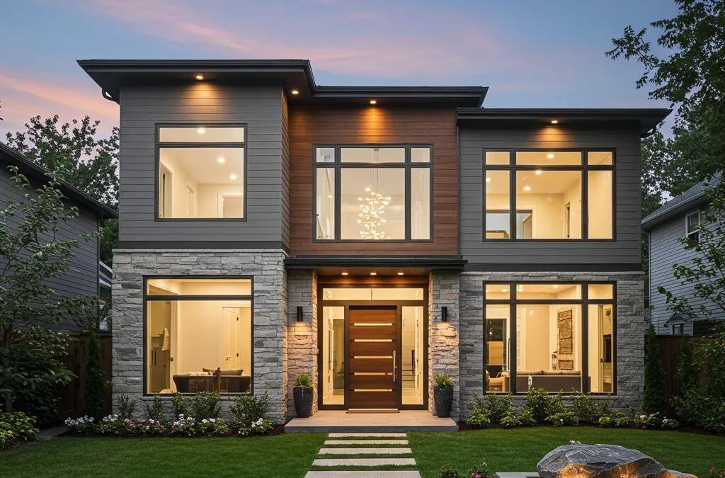 Modern custom home exterior with stone and wood accents, large windows, landscaped yard, and inviting entryway, representing Build Rite Builders' luxury home design.