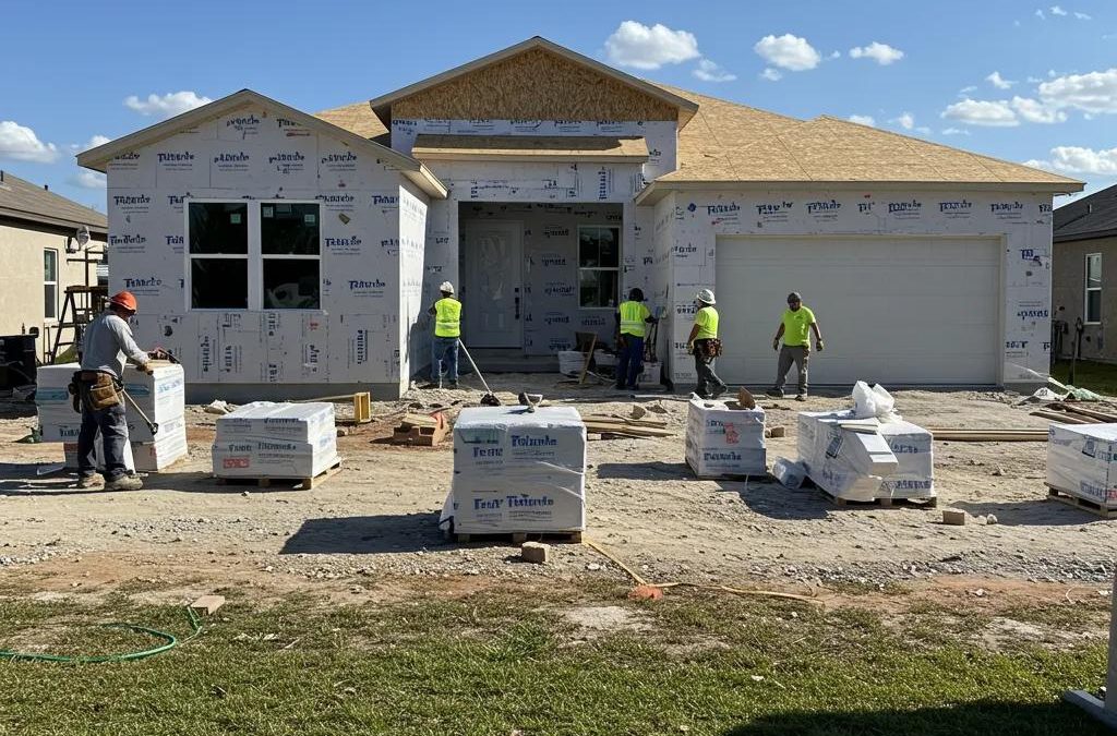 Construction site of a new home in Florida with workers in safety gear, building materials stacked, and partially finished exterior.