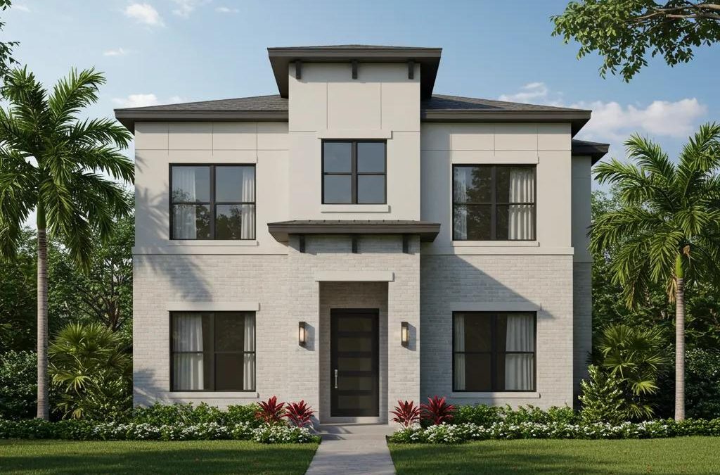 Modern custom home exterior in Florida with landscaped garden, palm trees, and a welcoming entrance.