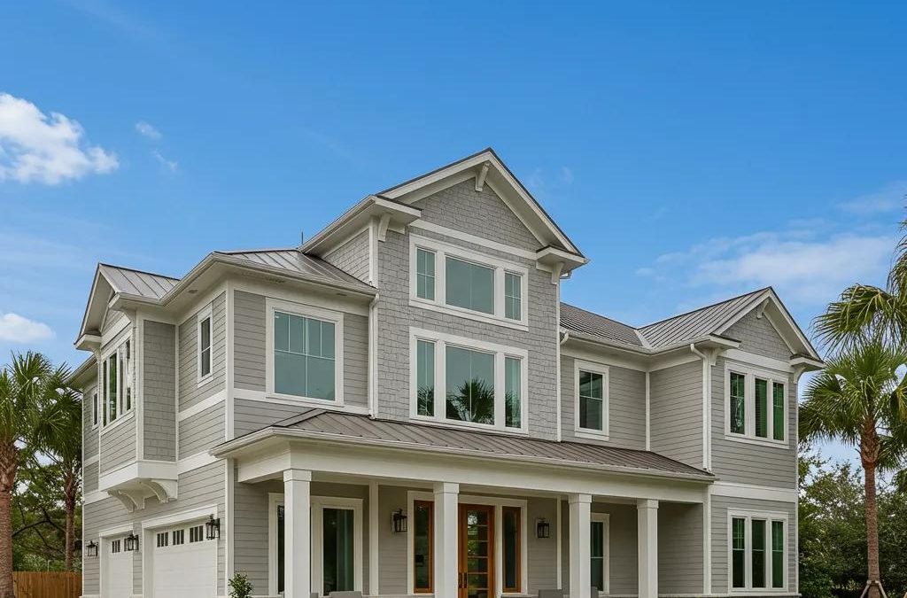 Custom home in Sarasota, FL, featuring a modern architectural design with large windows, a metal roof, and a welcoming porch, surrounded by palm trees and blue sky.