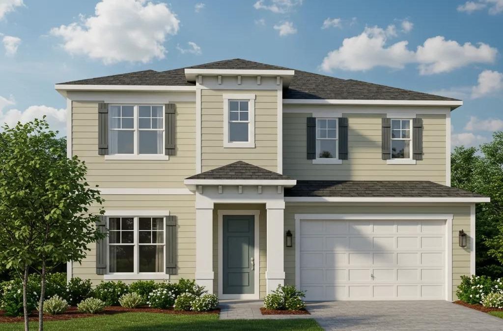 New two-story home in Florida featuring a light-colored exterior, decorative shutters, and landscaped front yard, representing modern residential design for potential home buyers.