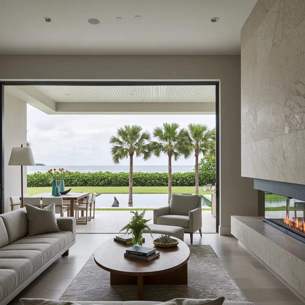 Modern living room with a view of palm trees and a pool, featuring a light-colored sofa, wooden coffee table, and dining area, reflecting Florida's custom home design trends for 2025.