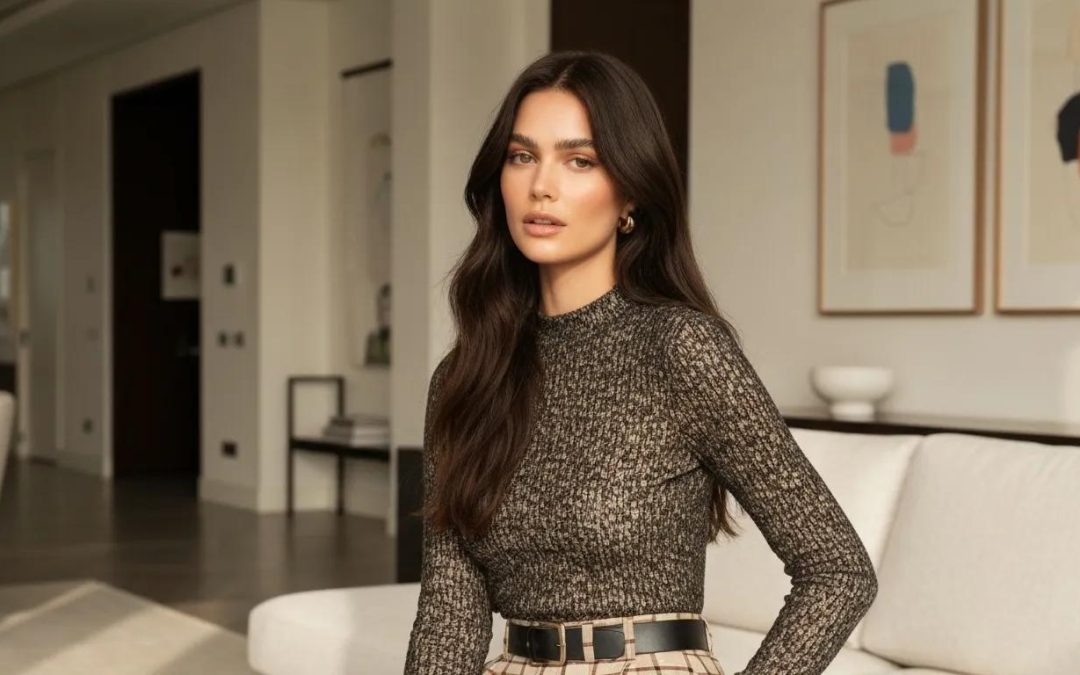 Woman with long brown hair wearing a textured sweater, seated in a modern living room with neutral decor and framed artwork, illustrating contemporary home aesthetics.
