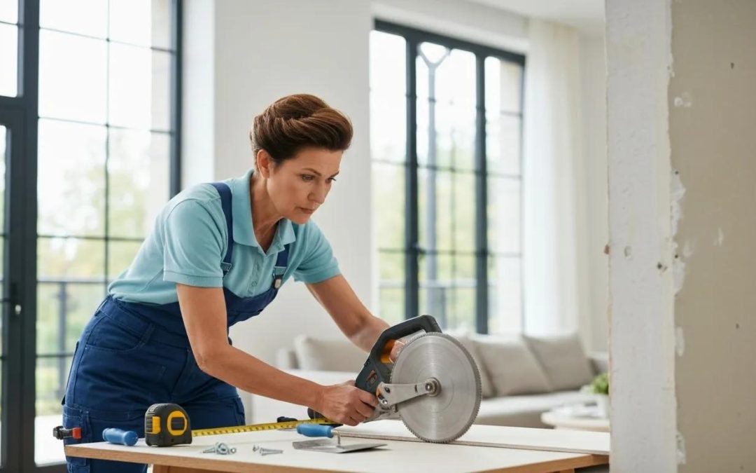 Woman using a circular saw for drywall repair, surrounded by tools, in a well-lit indoor setting, representing local drywall repair services.