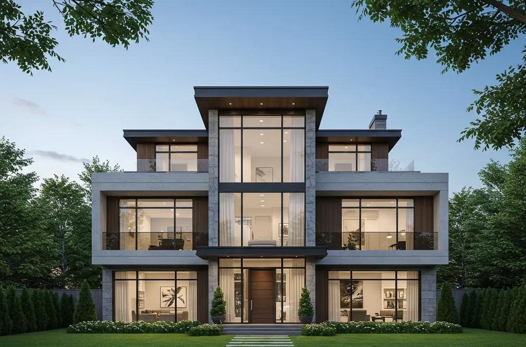 Modern custom home design featuring large glass windows and a stylish facade, showcasing architectural innovation and luxury amenities, aligned with Build Rite Builders' construction vision.