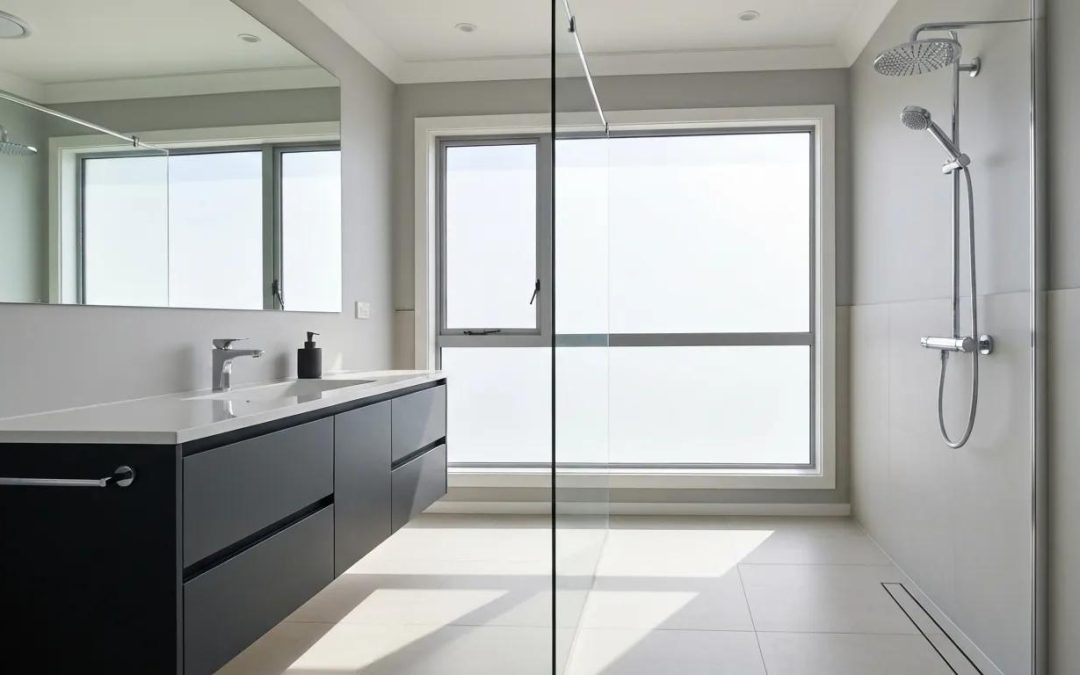 Modern bathroom with sleek black vanity, large mirror, and glass shower enclosure, showcasing minimalist design and natural light.
