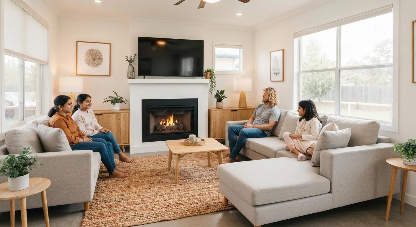 Family gathered in a modern living room with a fireplace, discussing home buying benefits and new construction opportunities in Port Charlotte.