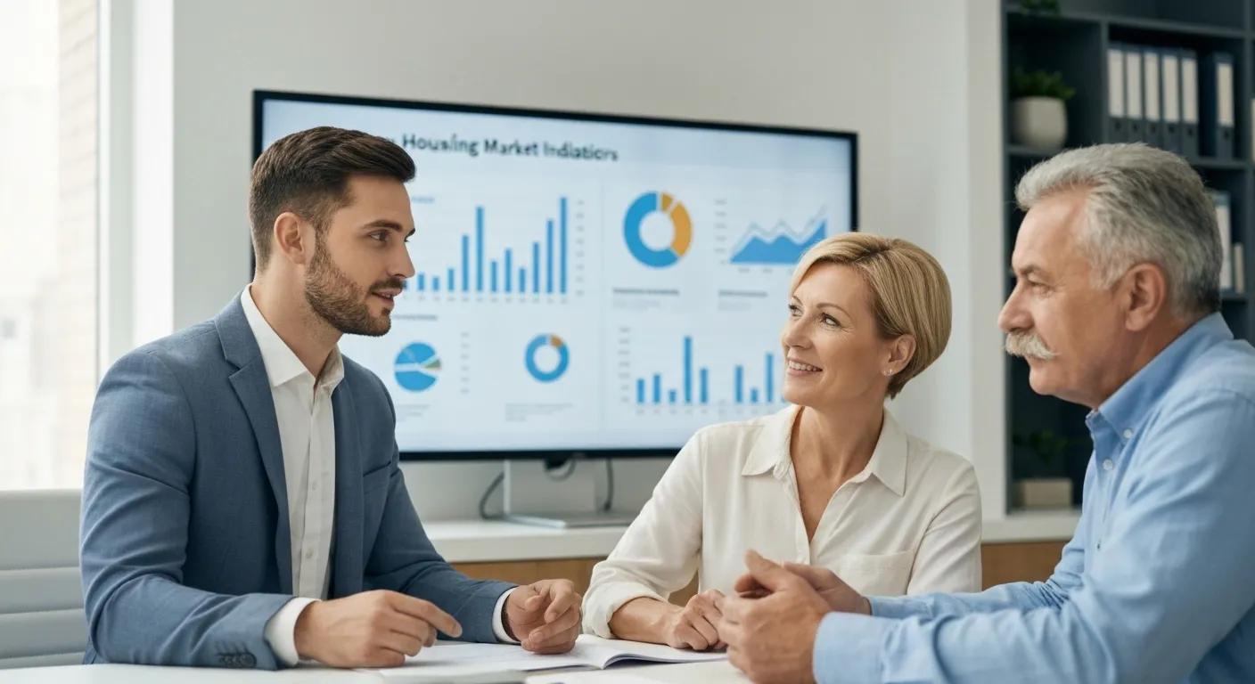 Real estate professionals discussing housing market indicators with charts and graphs displayed in the background, highlighting market trends relevant to Port Charlotte buyers and sellers in 2025.