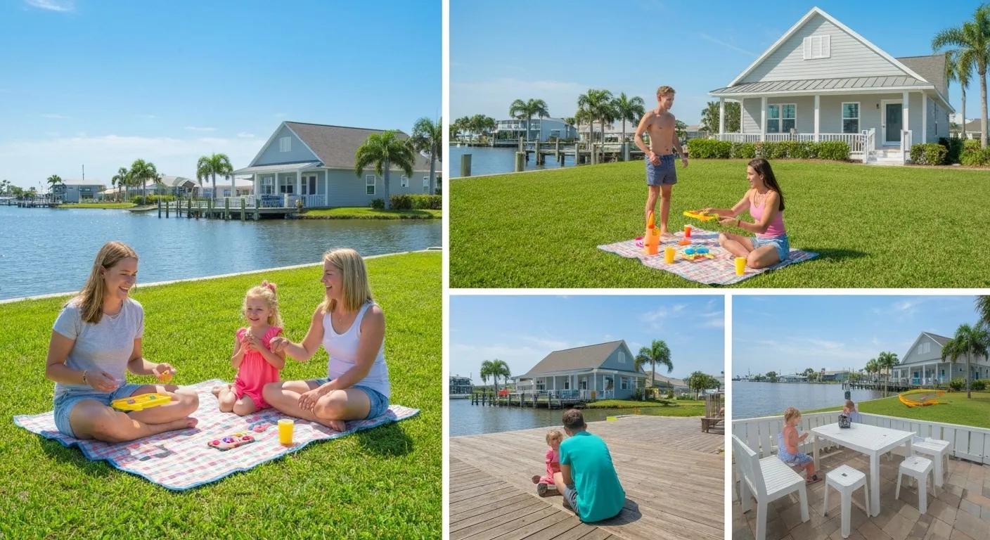 Family enjoying outdoor activities by the water in Port Charlotte, Florida, with colorful toys, a picnic setting, and waterfront homes in the background.