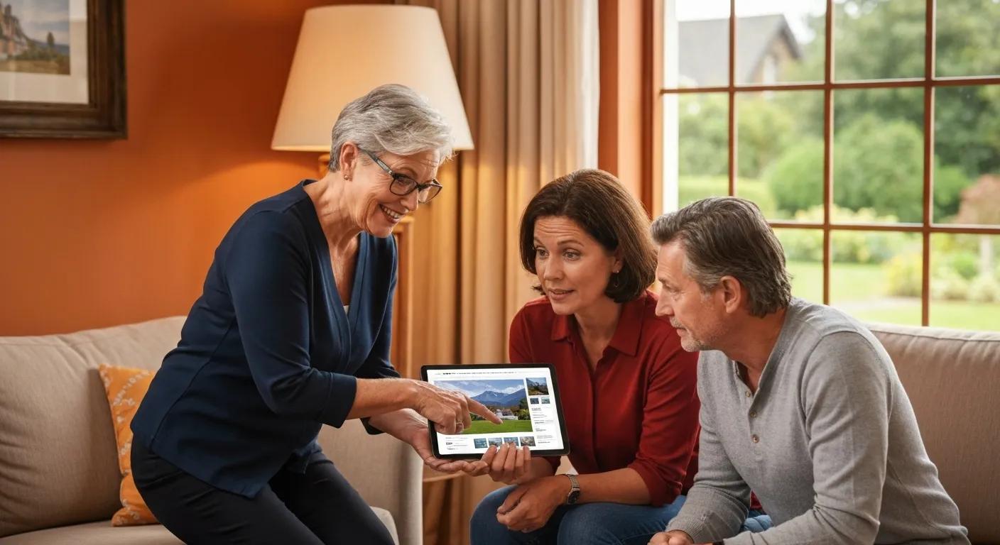 Woman pointing at tablet screen while discussing housing market trends with two individuals in a cozy living room setting.