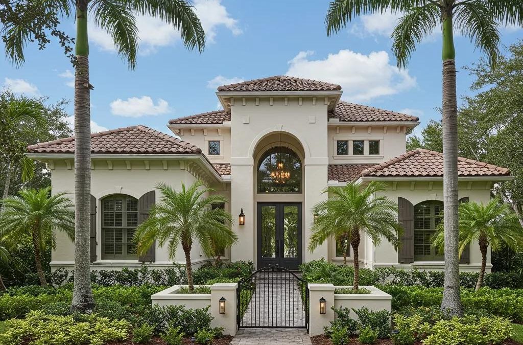 Custom-built Florida home with Mediterranean architectural style, featuring a tiled roof, arched entrance, and lush landscaping, emphasizing personalized design and coastal living.