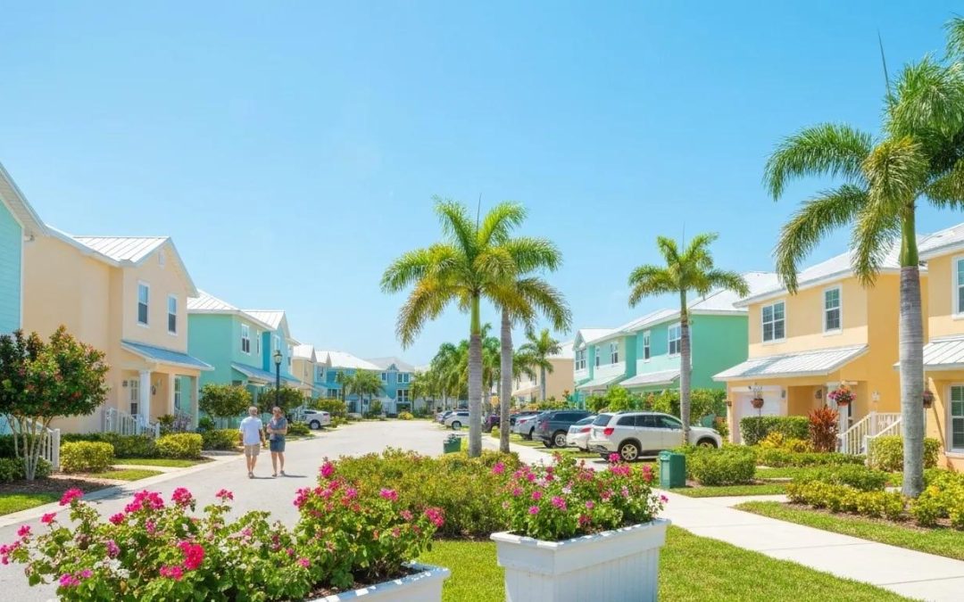 Colorful residential street in Port Charlotte, Florida, featuring palm trees, blooming flowers, and people walking, reflecting the area's vibrant housing market and community atmosphere.