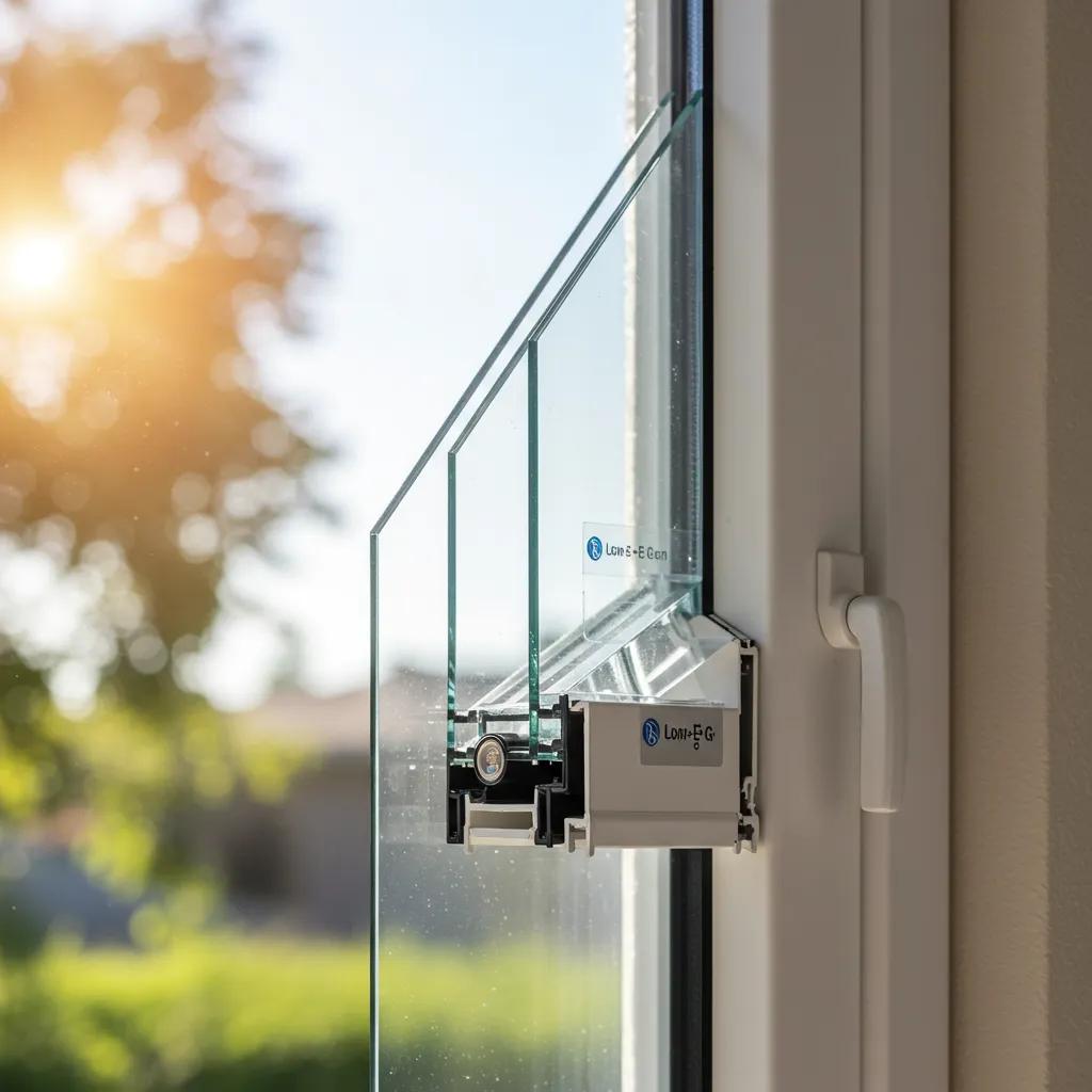 Close-up of energy-efficient window showcasing Low-E coatings, argon gas fills, and double-pane glazing, with sunlight illuminating the glass and frame features.