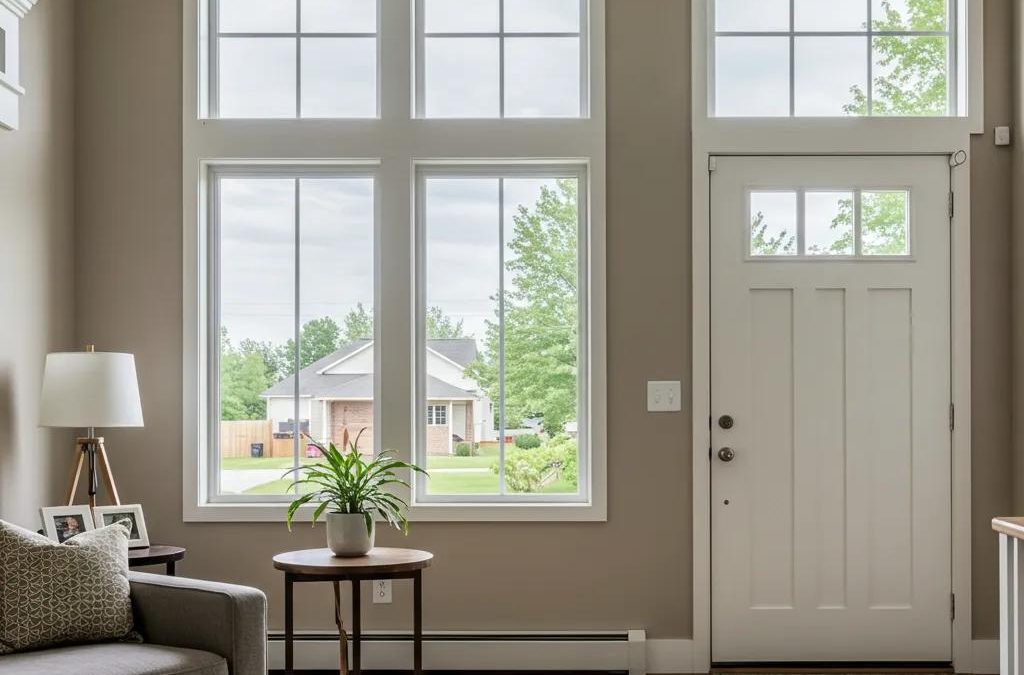 Cozy home interior featuring large windows and a stylish front door, illustrating ideal window and door designs for accurate estimates.