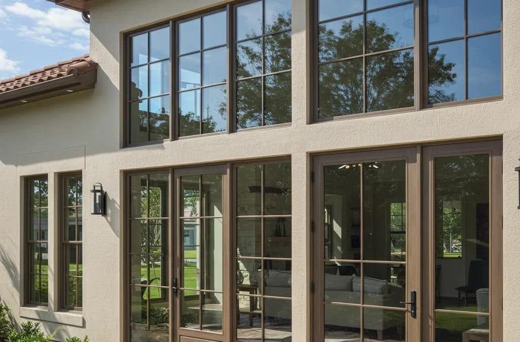 Custom windows and doors enhancing modern home aesthetic and energy efficiency, featuring large glass panes and stylish frames.